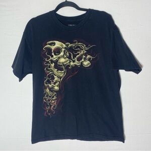 Action Apparel Black Graphic Tee Skull T Shirt Crew Neck L